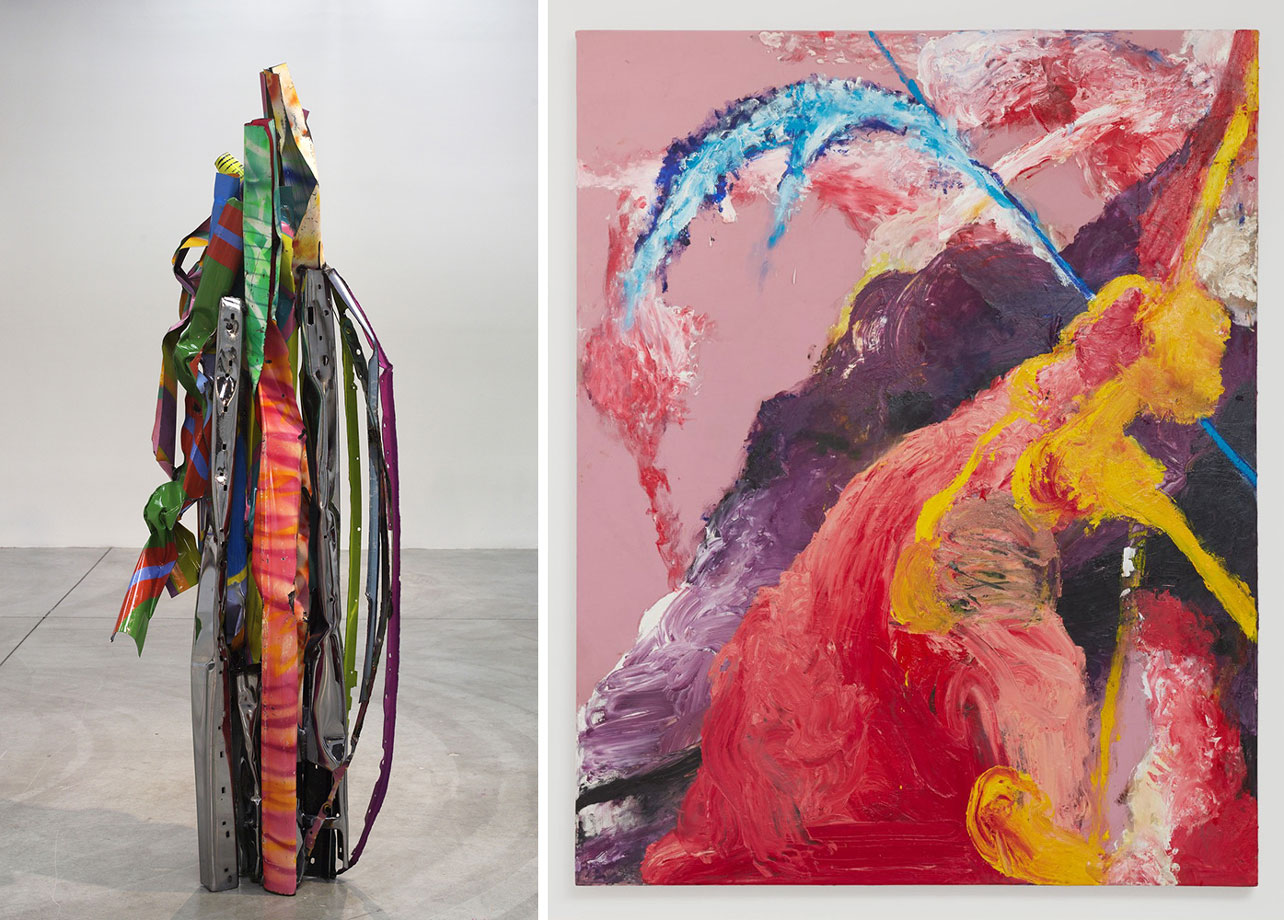 Left: John Chamberlain, Rev. E. Piscpalian Swifty, 2005, painted and chromed steel, 228.6 cm x 73.7 cm x 53.3 cm, © John Chamberlain, Courtesy the artist and Pace Gallery Right: Julian Schnabel, Untitled, 2020, Oil on found fabric, 162.6 cm × 129.5 cm × 5.1 cm, © Julian Schnabel, Courtesy the artist and Pace Gallery