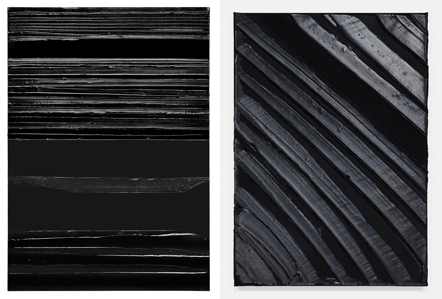 Left: Pierre Soulages, Peinture 202 x 143 cm, 8 septembre 2019, 2019, Acrylic on canvas, 79 1/2 x 56 5/16 inches (202 x 143 cm), © Artists Rights Society (ARS), New York / ADAGP, Paris Right: Pierre Soulages, Peinture 81 x 57 cm, 27 septembre 2013, 2013, Acrylic on canvas, 31 7/8 x 22 7/16 inches (81 x 57 cm), © Artists Rights Society (ARS), New York / ADAGP, Paris