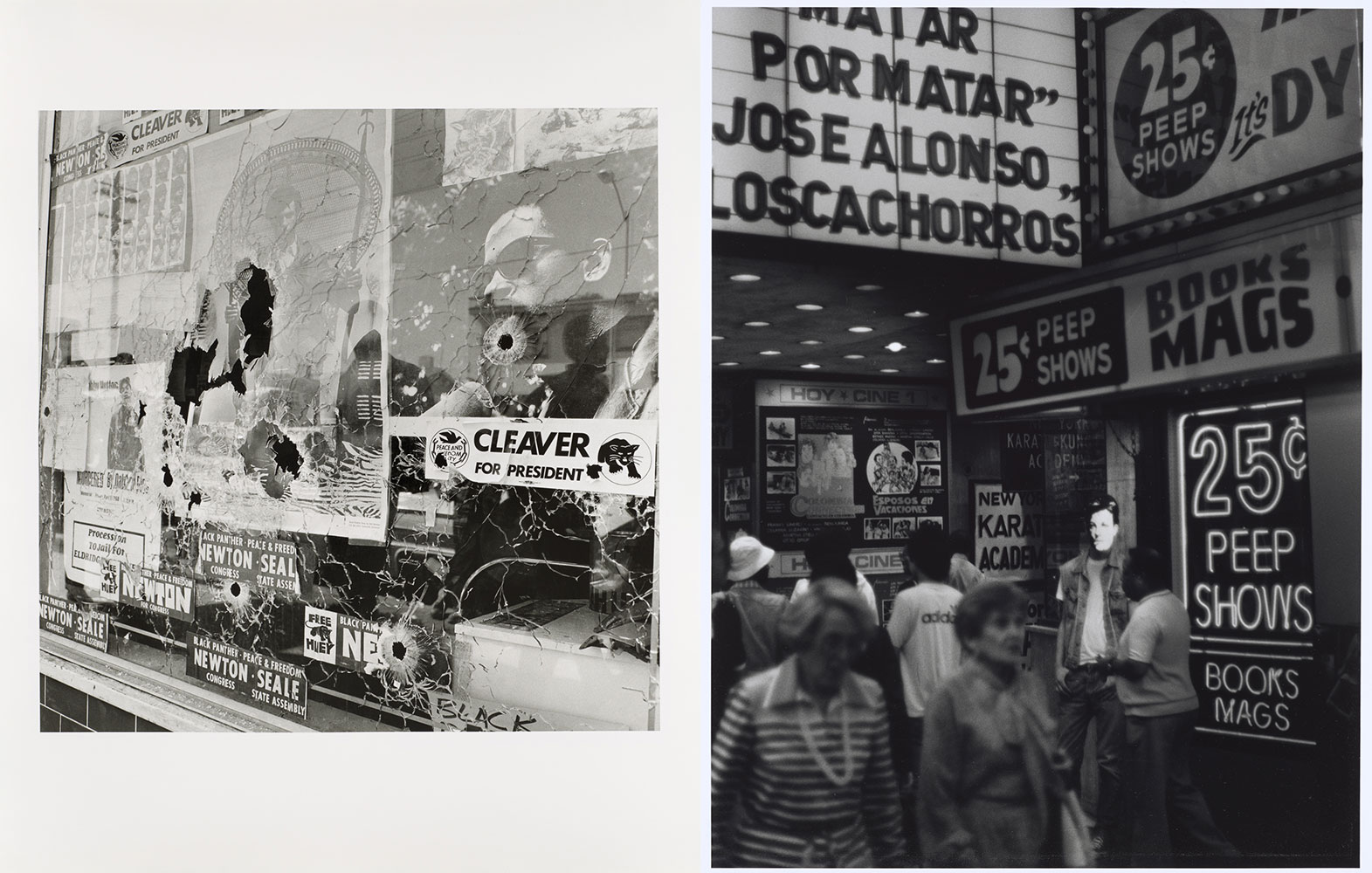 Left: Pirkle Jones, Plate glass window of the Black Panther Party National Headquarters, the morning it was shattered by the bullets of two Oakland policemen, 9/10/1968, from: Black Panther, 1968–1969, Donation from the Pirkle Jones Foundation, © Regents of the University of California Reproduction: Rheinisches Bildarchiv Köln, Cologne Right: David Wojnarowicz, Peep Show, 1978-1979, Museum Ludwig, Courtesy of David Wojnarowicz and P·P·O·W, New York, Reproduction: Rheinisches Bildarchiv Köln, Cologne