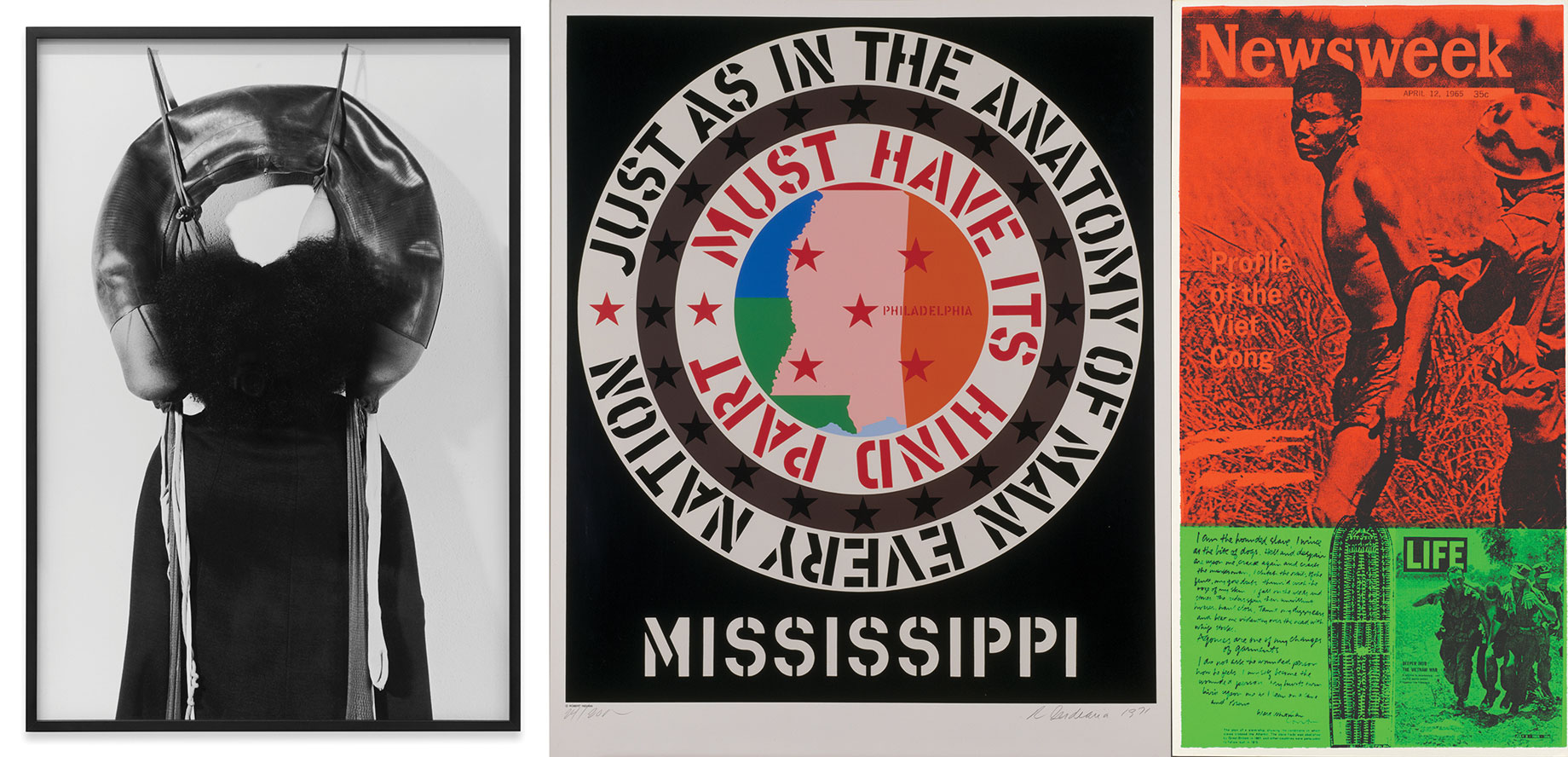 Left: Senga Nengudi, Performance with "Inside/Outside”, 1977, © Senga Nengudi, Photo: Ken Peterson Center: Robert Indiana, The Confederacy: Mississippi, 1971, © Morgan Art Foundation / ARS, New York / VG Bild-Kunst, Bonn 2020, Photo: Rheinisches Bildarchiv Köln, Cologne / Rolf Zimmermann Right: Corita Kent (Sister Corita), News of the week, 1969, Museum Ludwig, © 2020 Estate of Corita Kent/ Immaculate Heart Community/ Licensed by Artists Rights Society (ARS), New York, Reproduction: Rheinisches Bildarchiv Köln, Cologne