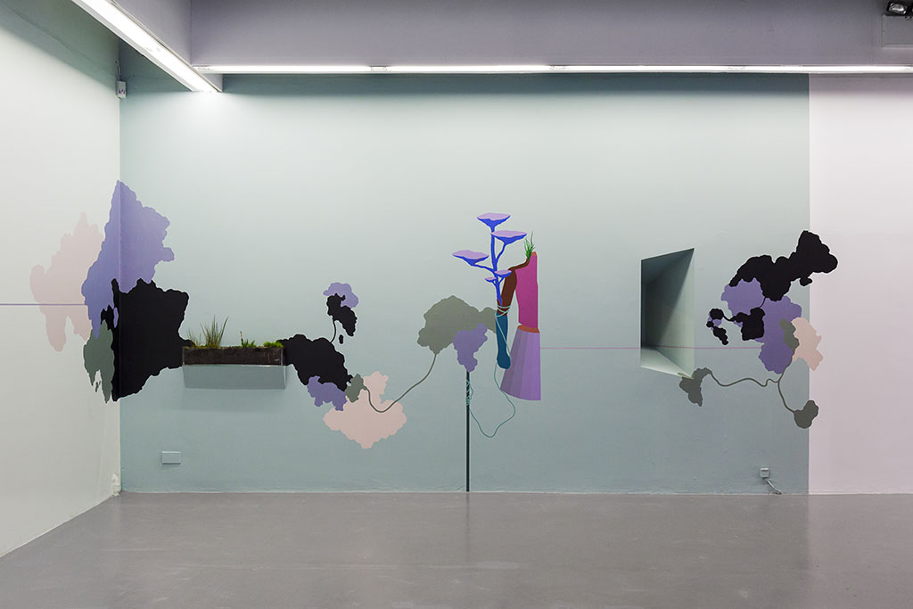 Otobong Nkanga, The Breath From Fertile Grounds, 2017, Wall drawing, acrylic, vinyl, wood, glass, peat, plants, acid water, © Otobong Nkanga, photo: Kasia Kaminska