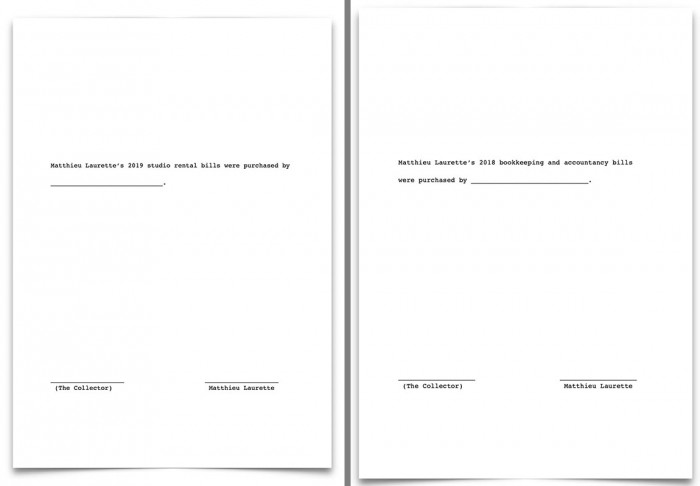 Left & Right: Matthieu Laurette, from the ‘Demands & Supplies” series, 2012- , Printed contract signed by the artist and the collector in artist's frame. Dimensions: contract A4 (29,7 cm x 21 cm) or US letter (21,59 x 27,94 cm), Framed 37.5 x 29 x3.5 cm, Unique, © Matthieu Laurette — ADAGP, Paris / ARS-Artists Rights Society, New York / PROLITTERIS, Switzerland