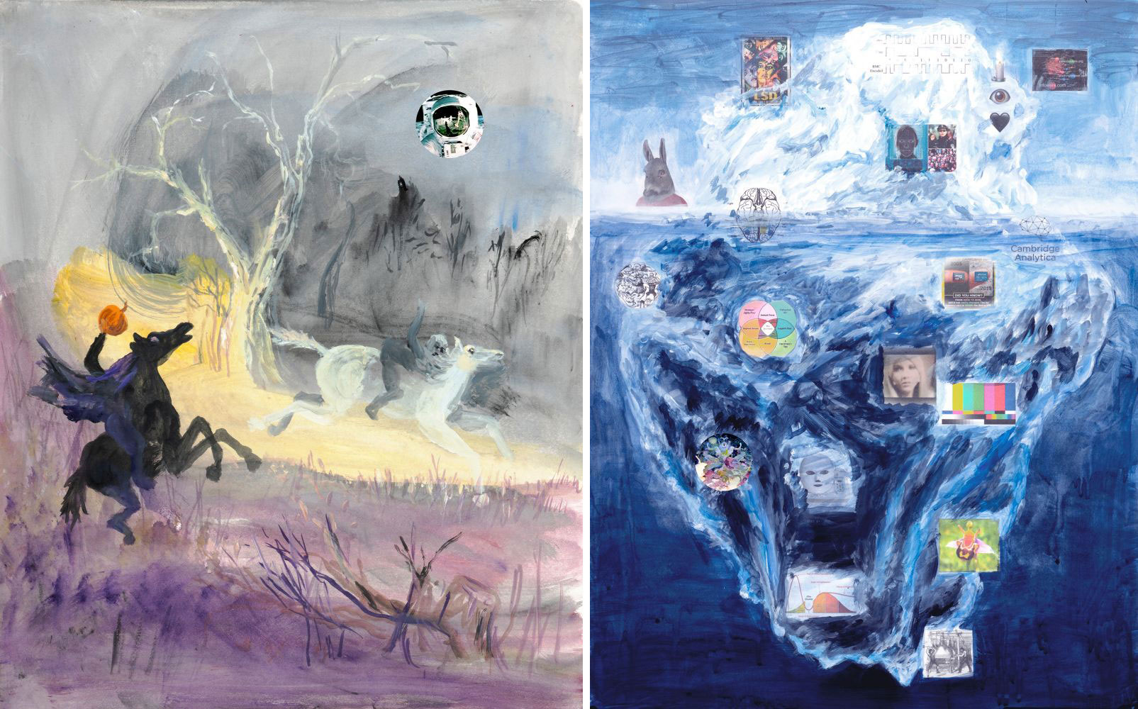 Left: Tony Oursler, Headless., 2020, Mixed media with digital display, 43.2 x 35.6 cm, © the artist and Lehman Maupin Gallery Right: Tony Oursler, 1/10, 2020, Mixed media with digital display, 55.9 x 43.2 cm, © the artist and Lehman Maupin Gallery