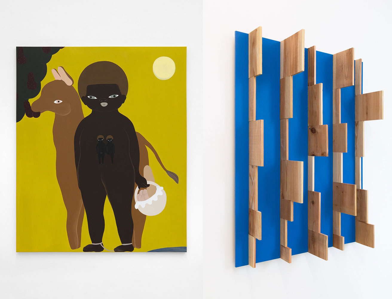 Left: Asuka Anastacia Ogawa, Coming Home, 2020, Acrylic on canvas, 72 x 60 inches Right: Kishio Suga, Intervals of Existence Arising, 2020, Acrylic and varnish on wood, 47 1/4 x 35 3/8 x 11 inches