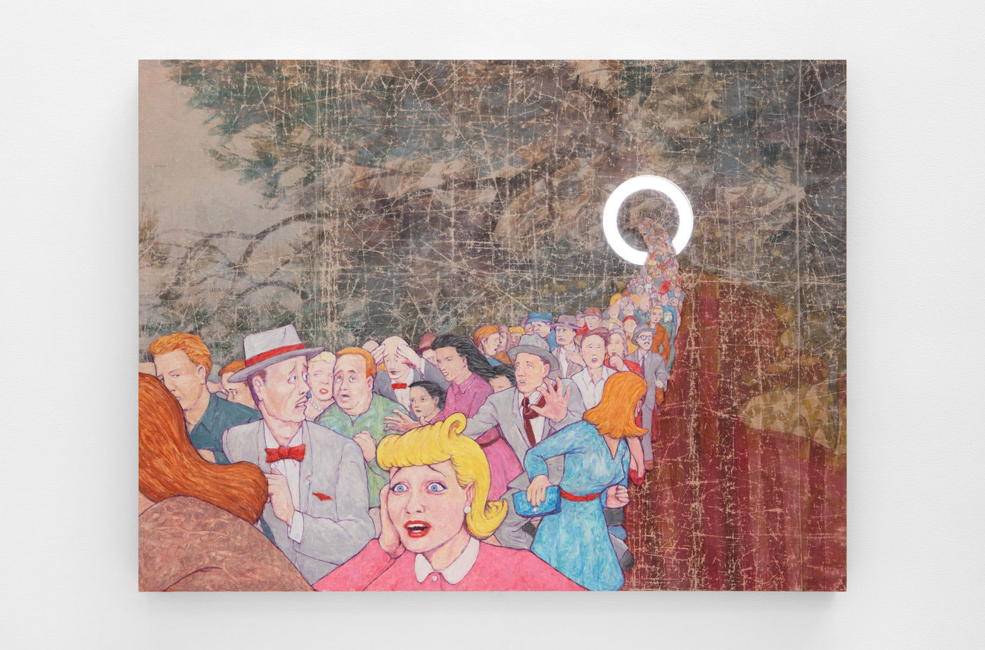 Jim Shaw, The Vicious Circle , 2020, Oil pastel and oil paint on board, muslin, LED, 48 1/16 x 64 1/8 x 3 inches
