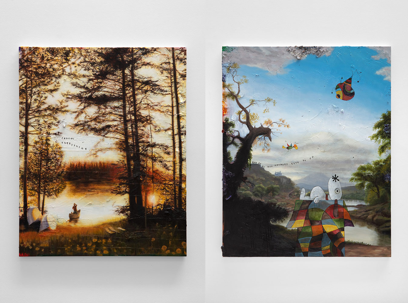 Left: Friedrich Kunath, Cancel Everything, 2020, Oil on canvas, 60 x 48 inches Right: Friedrich Kunath, One of Us Had Nowhere Else To Go, 2020, Oil on canvas, 60 x 48 inches