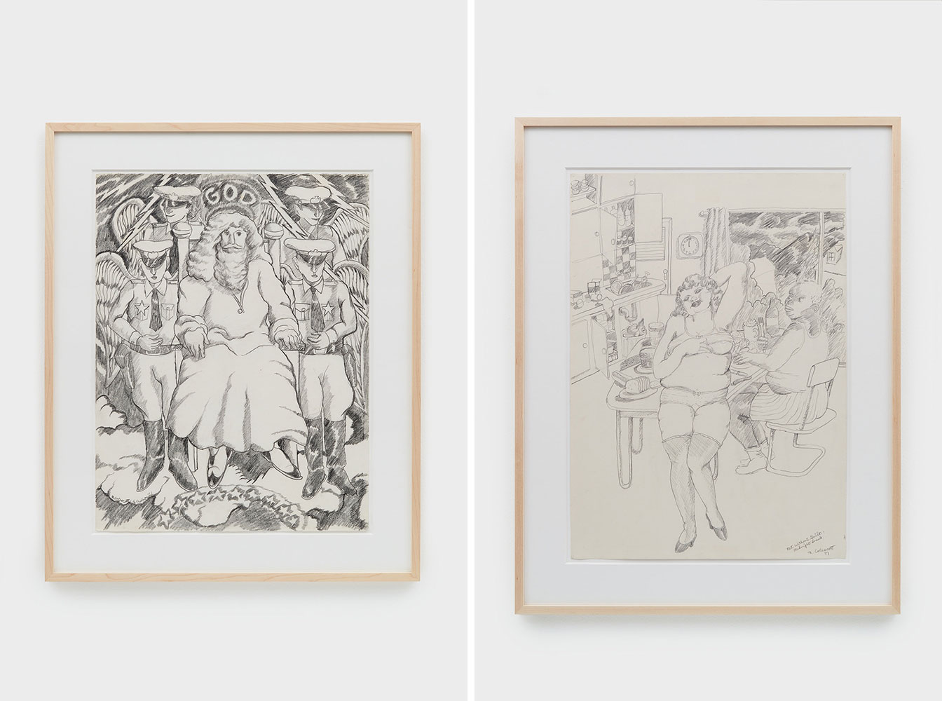 Left: Robert Colescott, Fat Without Guilt: Midnight Snack, 1981, Graphite on paper, 36 x 28 x 1 inches framed, © Robert Colescott Trust / Artists Rights Society (ARS), New York Right: Robert Colescott, The French Secretary, 1976, Graphite on paper, 35 1/4 x 27 1/4 x 1 inches framed, © Robert Colescott Trust / Artists Rights Society (ARS), New York