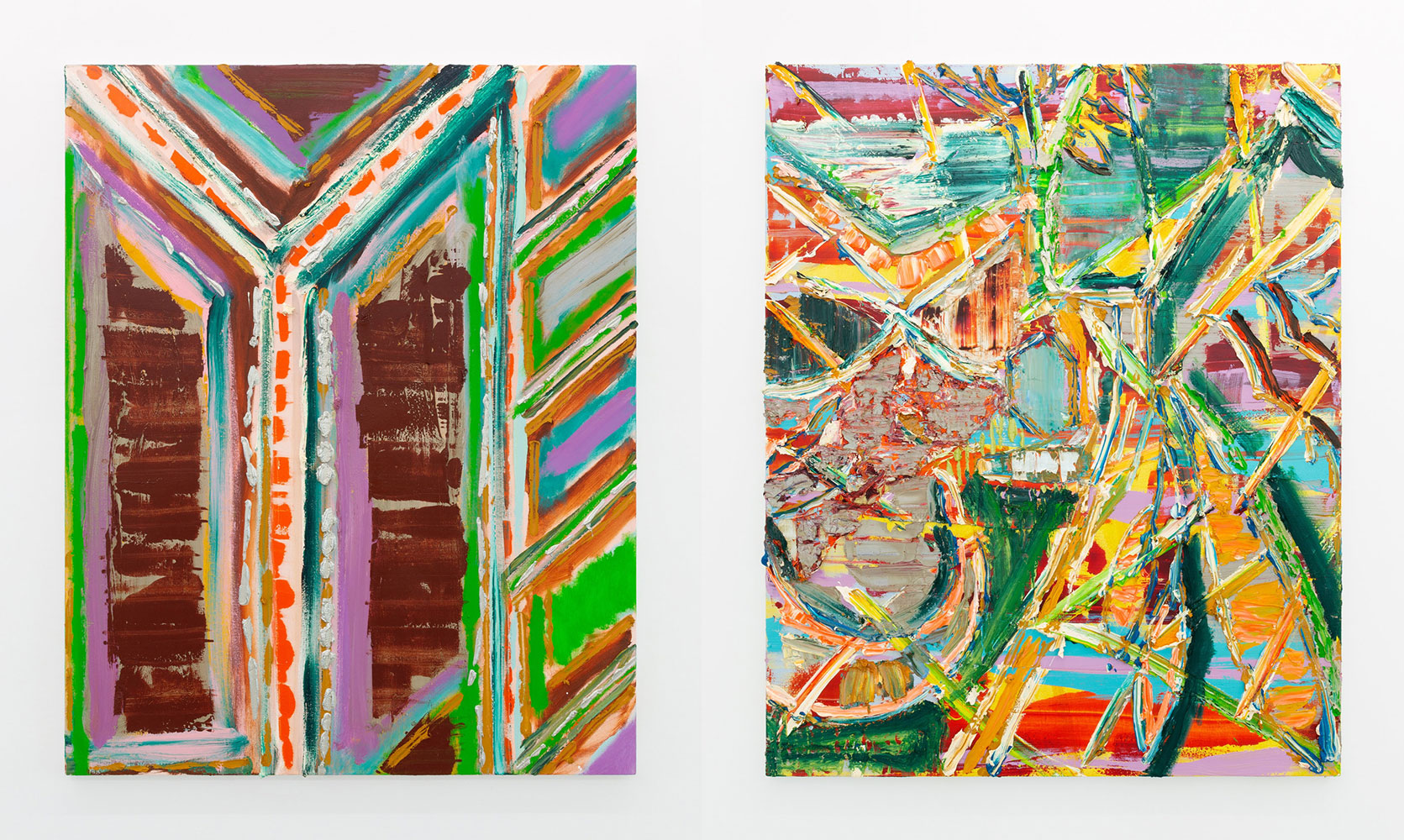 Left: Kazumi Nakamura, Mulberry Tree on a Solitary Island II, 2016-2018, Oil on canvas, 63 x 51 1/8 inches Right: Kazumi Nakamura, A Bird in Its Existence 323 (Turdus Naumanni), 2016-2018, Oil on canvas, 63 x 51 1/8 inches