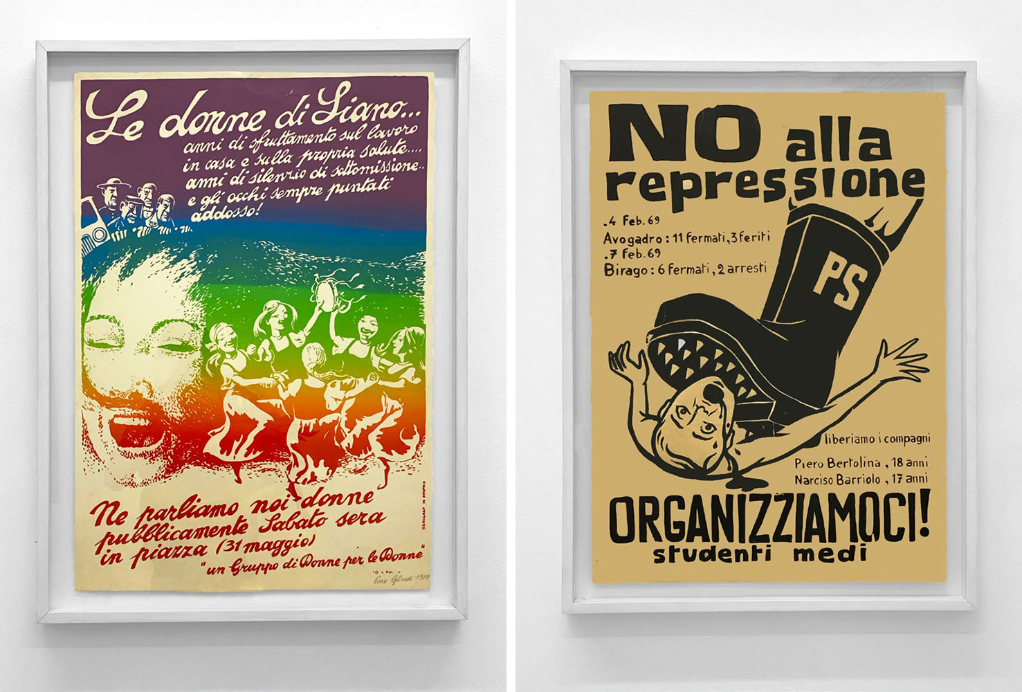 Left: Piero Gilardi, Le Donne di Siano, 1980, serigraph framed under Plexiglas, framed: 77 x 58 x 5 cm, unique, © Piero Gilardi, Courtesy the artist and Michel Rein Gallery Right: Piero Gilardi, No Alla Repressione, 1969, serigraph framed under Plexiglas, framed: 77 x 58 x 5 cm, unique, © Piero Gilardi, Courtesy the artist and Michel Rein Gallery