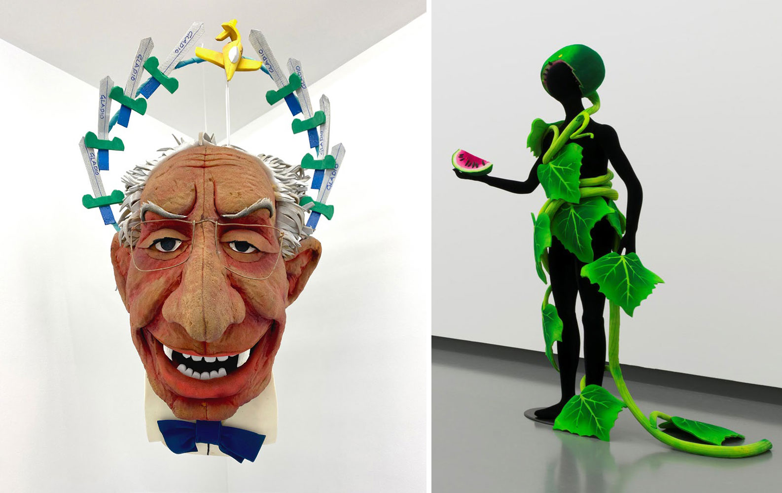 Left: Piero Gilardi, Kossiga-Dracula, 1991, polyurethane foam, 125 x 70 x 60 cm, unique, © Piero Gilardi, Courtesy the artist and Michel Rein Gallery Right: Piero Gilardi, Vestito-Natura Anguria, 1967, polyurethane foam, 180 x 80 x 60 cm, unique, © Piero Gilardi, Courtesy the artist and Michel Rein Gallery