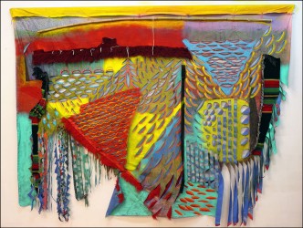 Maro Fasouli, Untitled, 2020, 228 x 294 cm, Cloth, woven, spray, pastel, thread, reed, © Maro Fasouli, Courtesy the artist and OPANDA