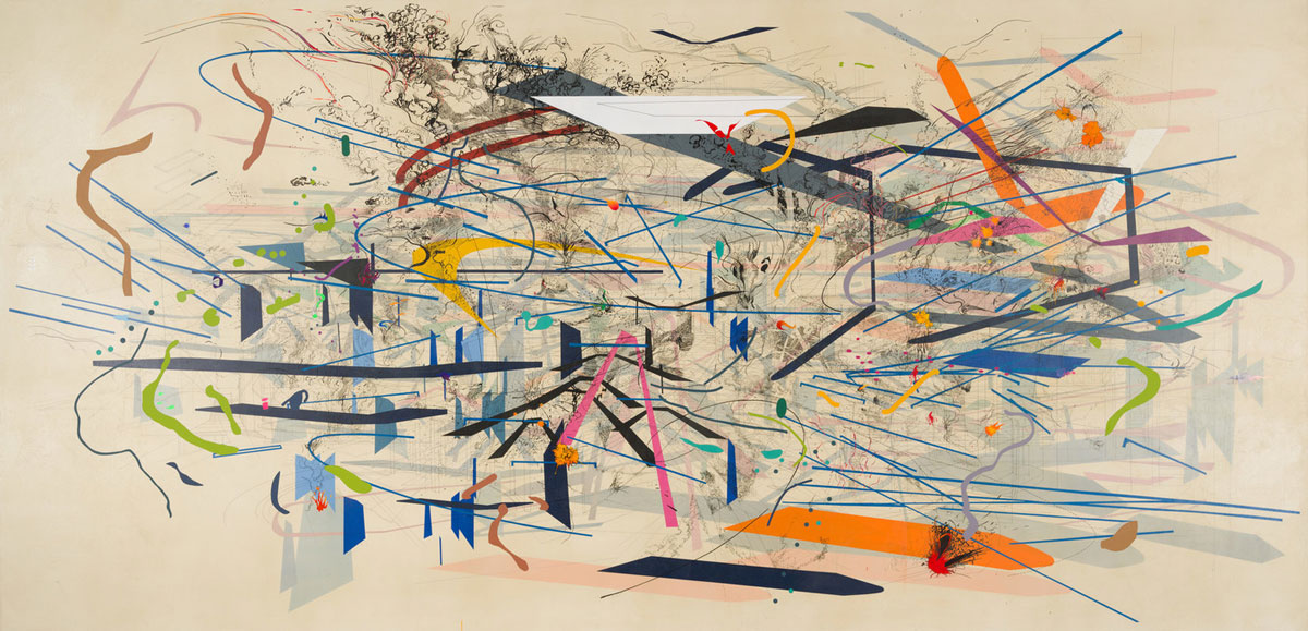 Julie Mehretu, Retopistics: A Renegade Excavation, 2001, ink and acrylic on canvas, 101 1/2 × 208 1/2 in., Crystal Bridges Museum of American Art, Bentonville, AR; 2013.28, © Julie Mehretu, photograph by Edward C. Robinson III