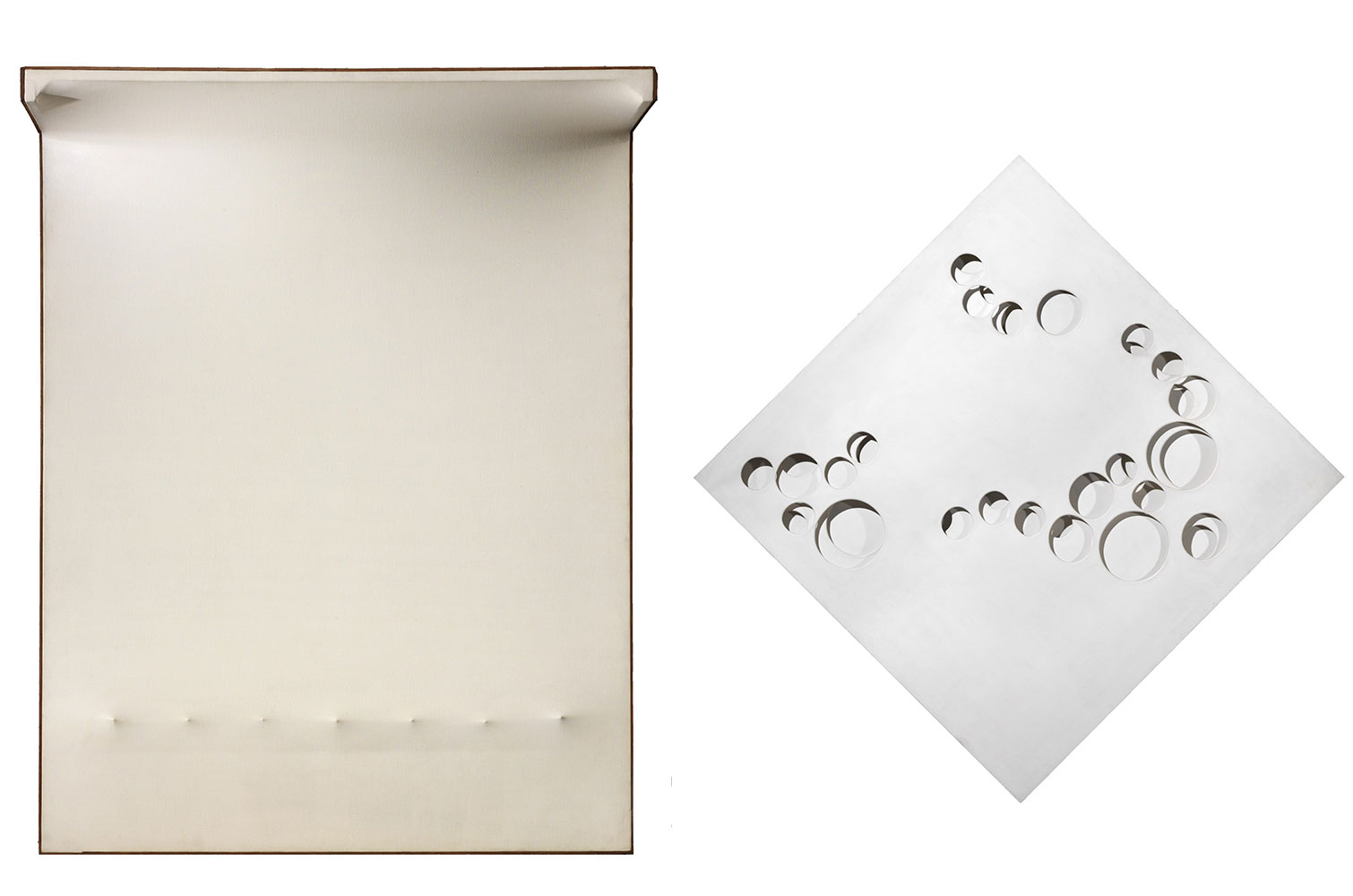 Left: Enrico Castellani, Superficie bianca n°5, 1964, tempera on shaped canvas, 146 x 114 x 30 cm, Courtesy Tornabuoni Art Right: Paolo Scheggi, Intersuperficie curva bianca,1967, acrylic on three shaped canvases, 140 x 140 x 7 cm, Courtesy Tornabuoni Art