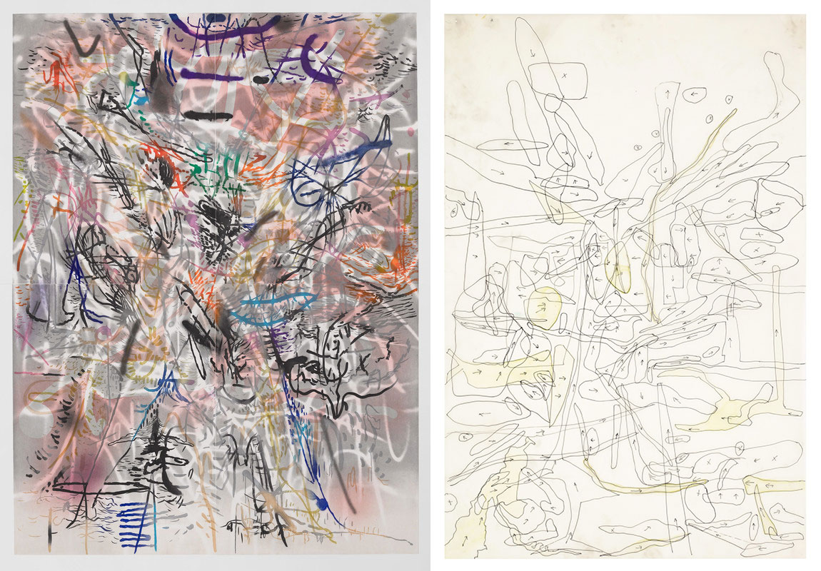 Left: ulie Mehretu, Six Bardos: Transmigration, 2018, 31-color, 2-panel aquatint, 98 × 74 in., courtesy of Gemini G.E.L., LLC, © Julie Mehretu and Gemini G.E.L., LLC, photograph © White Cube, Ollie Hammick Right: Julie Mehretu, Untitled (two), 1996, ink and acrylic on canvas, 22 × 18 in., private collection, © Julie Mehretu, photograph by Tom Powel Imaging
