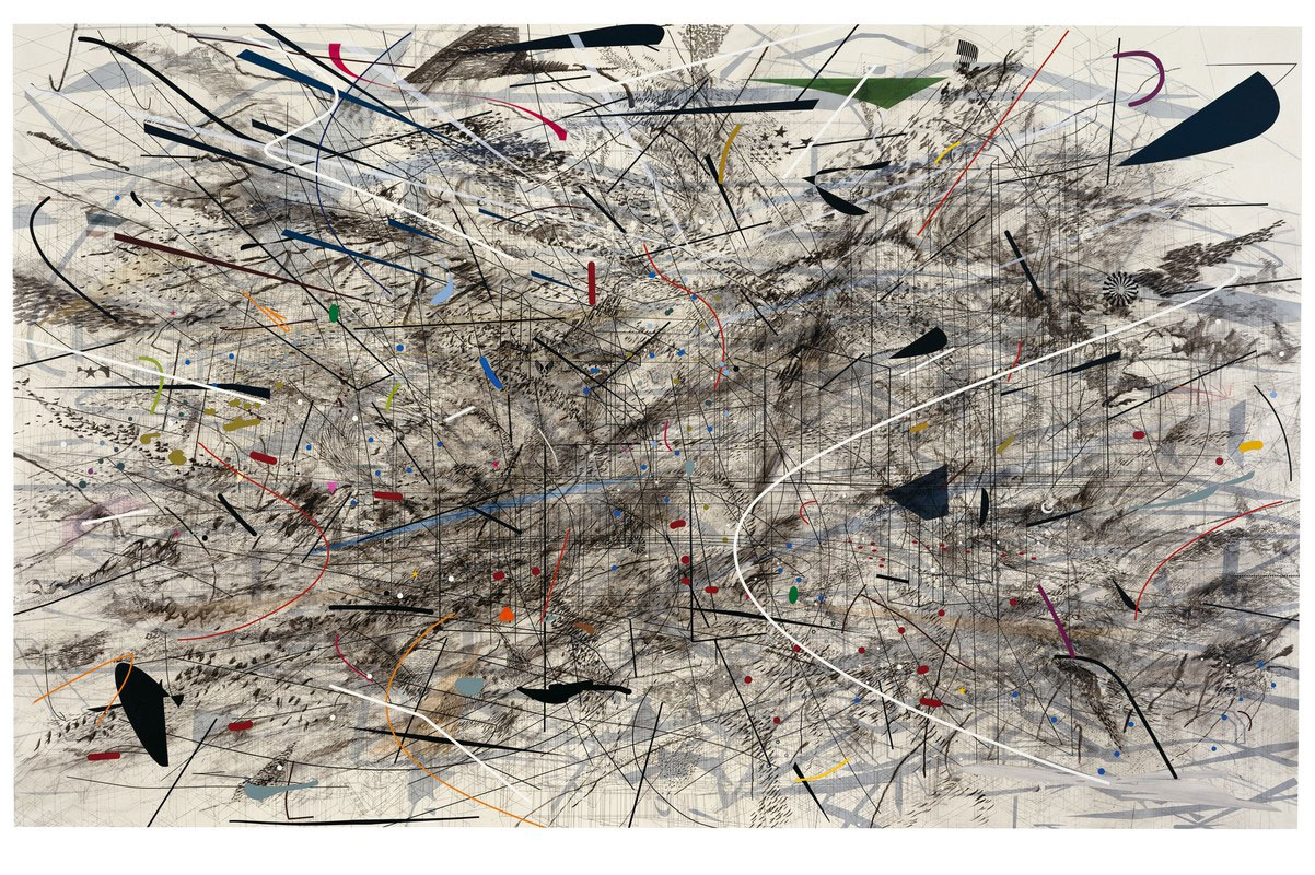 Julie Mehretu, Cairo, 2013, ink and acrylic on canvas, 118 1⁄4 × 287 in., The Broad Art Foundation, Los Angeles, © Julie Mehretu, photograph by Tom Powel Imaging
