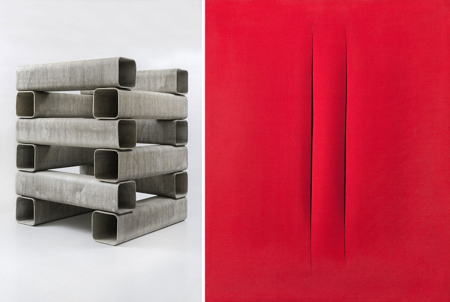 Left: Alighiero Boetti, , Catasta, 1967-92, 12 elements in Eternit, 187 x 150 x 150 cm, Courtesy Tornabuoni Art Right: Lucio Fontana, Concetto spaziale, Attesa, 1965, water-based paint on canvas, 66 x 53 cm, Courtesy Tornabuoni Art