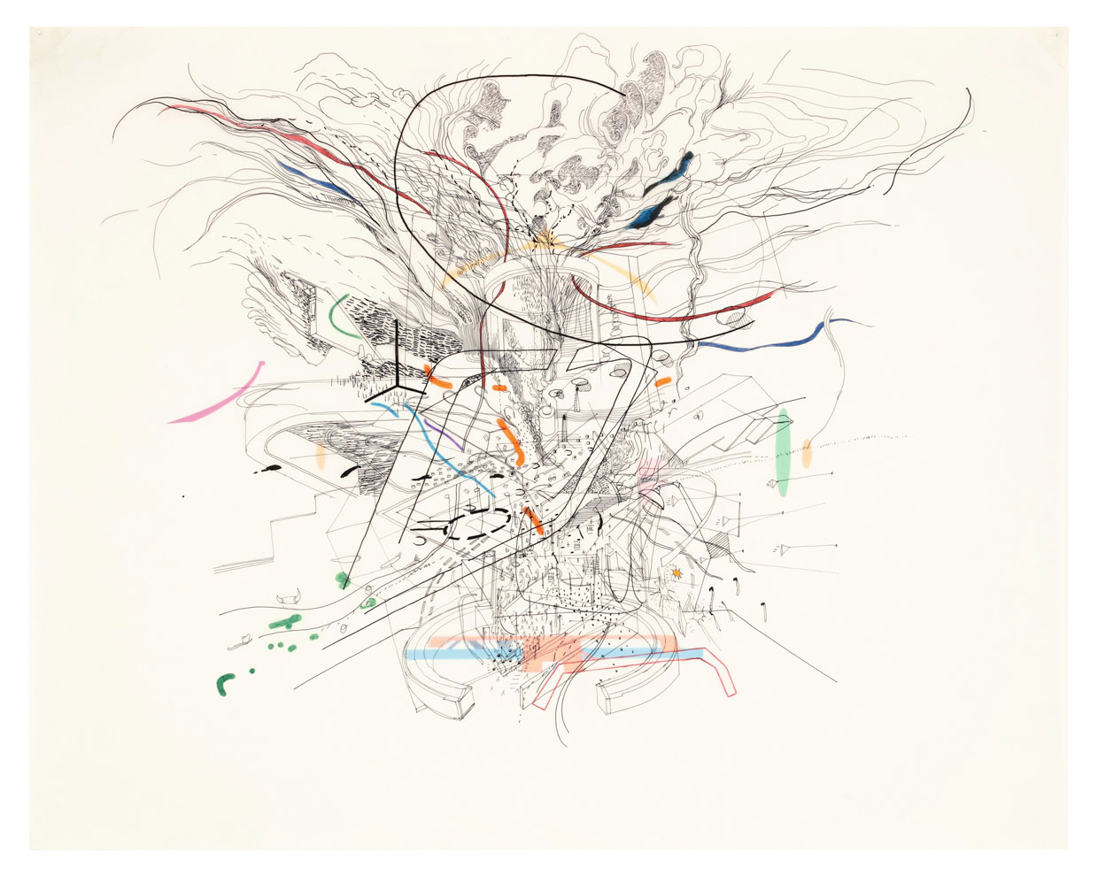 Julie Mehretu, Untitled, 2000, ink, colored pencil, and cut, paper on mylar, 18 × 24 in., private collection, © Julie Mehretu, photograph by Cathy Carver