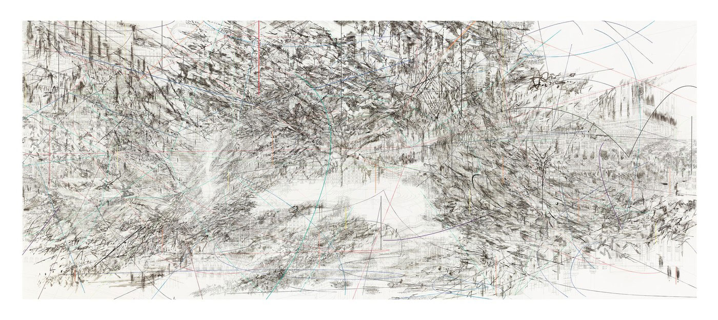 Julie Mehretu, Cairo, 2013, ink and acrylic on canvas, 118 1⁄4 × 287 in., The Broad Art Foundation, Los Angeles, © Julie Mehretu, photograph by Tom Powel Imaging