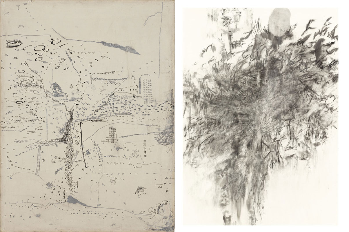 Left: Julie Mehretu, Untitled (two), 1996, ink and acrylic on canvas, 22 × 18 in., private collection, © Julie Mehretu, photograph by Tom Powel Imaging Right: Julie Mehretu, Being Higher II, 2013, ink and acrylic on canvas, 84 × 60 in., collection of Susan & Larry Marx; courtesy Neal Meltzer Fine Art, New York, © Julie Mehretu, photograph by Tom Powel Imaging