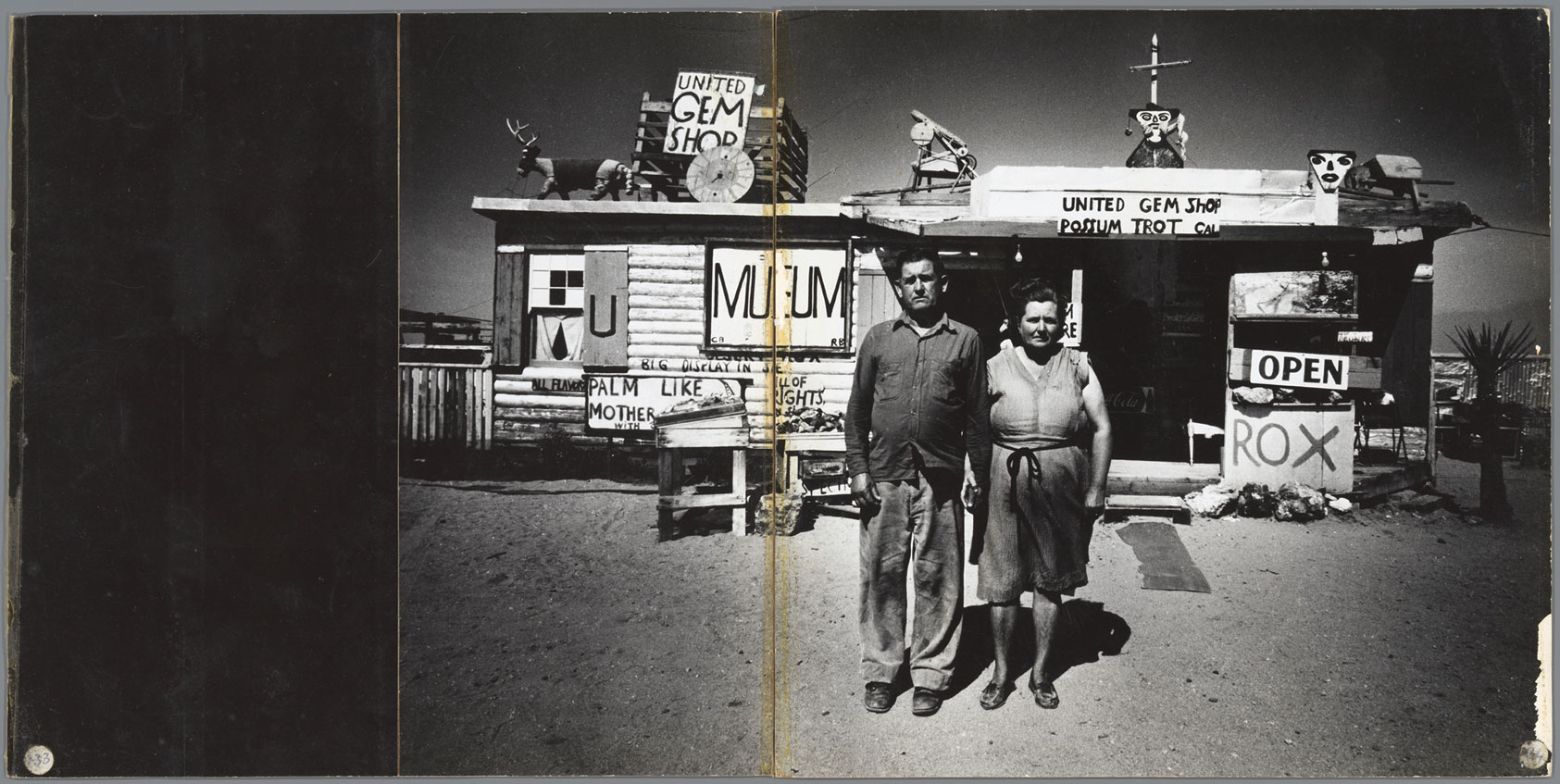 Ed van der Elsken, 'Unspoiled primitives'; naive painter Call Black and his wife Ruby in front of their private museum in the Mojave Desert, Arizona, United States, 1960, Gelatin silver print, Collection Rijksmuseum-Amsterdam, ©Ed van der Elsken, Spread from the design of the photo book Sweet Life, before 1966