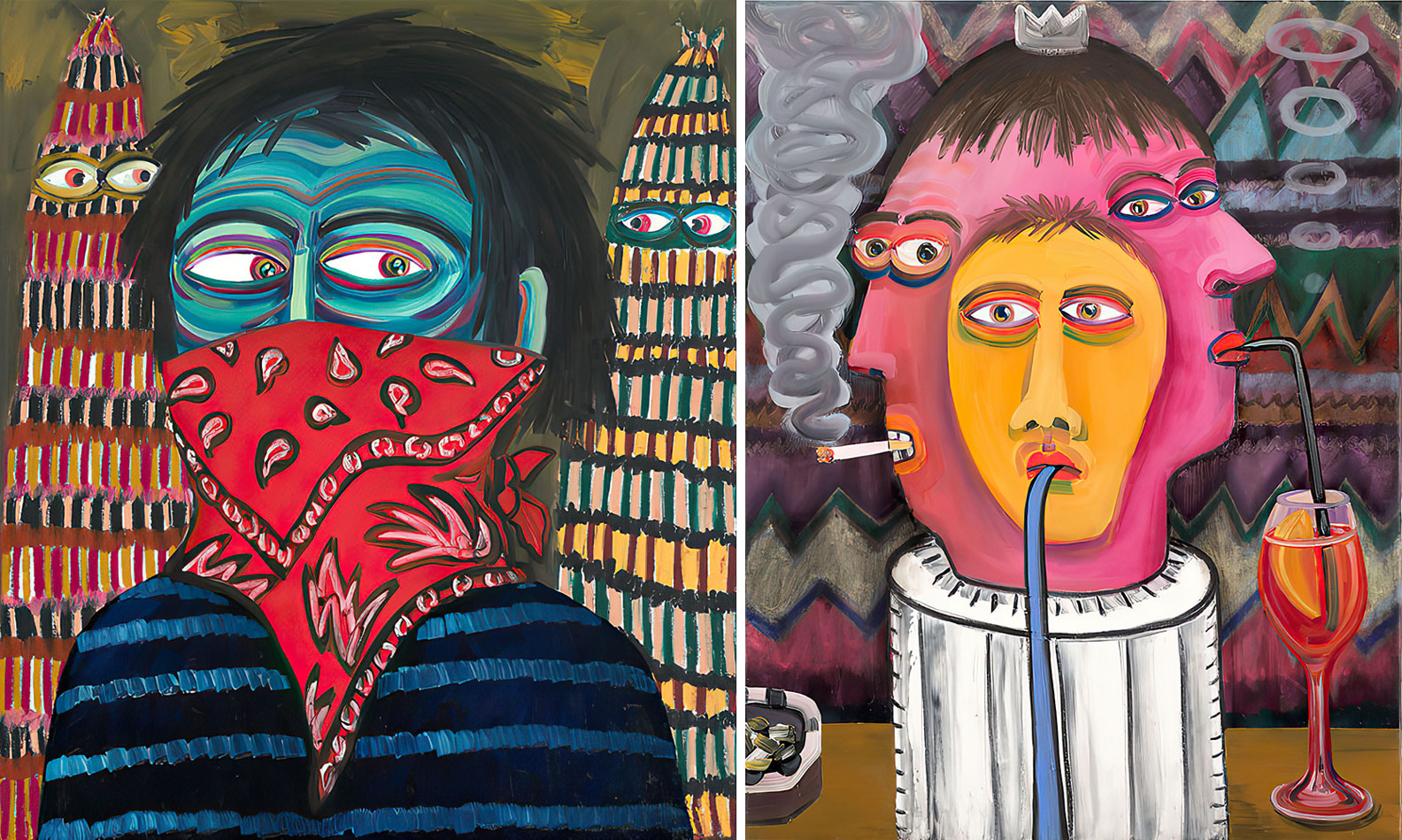 Left: Stefanie Gutheil, Vermummt, 2020, Oil on canvas, 90 × 80 cm, © Stefanie Gutheil, Courtesy the artist and Krinzinger Projekte Right: Stefanie Gutheil, 3-Kopf auf Sockel, 2019, Oil on canvas, 90 × 70 cm, © Stefanie Gutheil, Courtesy the artist and Krinzinger Projekte