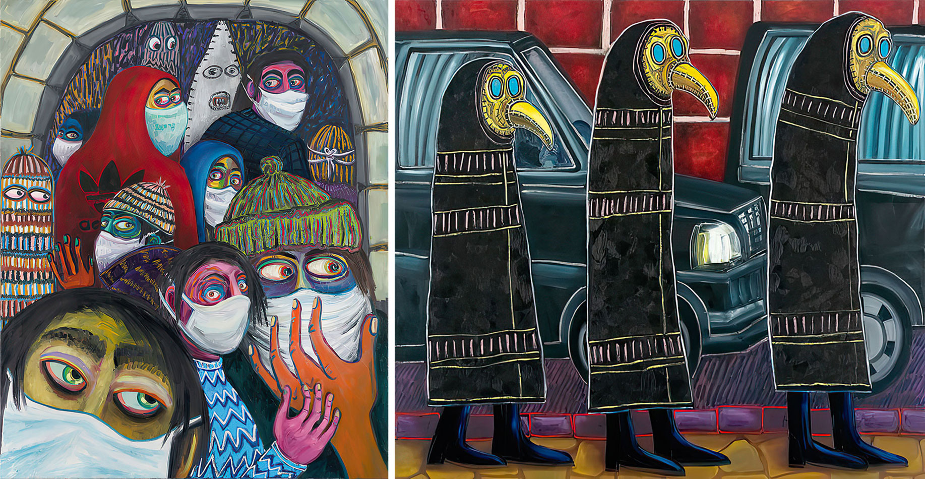 Left: Stefanie Gutheil, Fearful Mass, 2020, Oil on canvas, 160 × 130 cm, © Stefanie Gutheil, Courtesy the artist and Krinzinger Projekte Right: Stefanie Gutheil, In Different Times, 2020, Oil on canvas, 180 × 200 cm, © Stefanie Gutheil, Courtesy the artist and Krinzinger Projekte