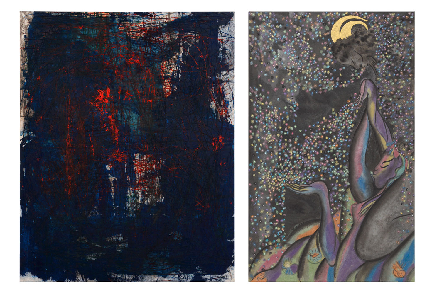 Left: Oscar Murillo, (untitled) catalyst, 2019, Oil and graphite on canvas, 245 x 195 cm, © Dana Schutz, Courtesy the artist and David Zwirner Gallery Right: Chris Ofili, Satyr and Selkie 1, 2020, Oil, charcoal, and gold leaf on linen, 157.5 x 96.5 cm, © Chris Ofili, Courtesy the artist and David Zwirner Gallery
