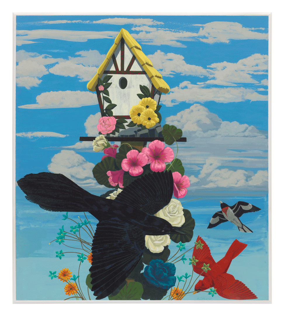 Kerry James Marshall, Black and part Black Birds in America: (Grackle, Cardinal & Rose-breasted Grosbeak), 2020, Acrylic on PVC panel in artist's frame, 92.7 x 82.6 cm, © Kerry James Marshall, Courtesy the artist and David Zwirner Gallery