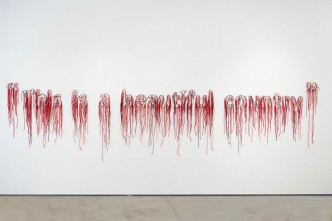 Nari Ward, Last words of John Brown (red version) 2018, shoelaces, 121.9 x 467.4 x 10.2 cm, National Gallery of Victoria, Melbourne, Purchased with funds donated by Barry Janes and Paul Cross, 2019, © Courtesy the artist and Lehmann Maupin New York, Hong Kong, and Seoul
