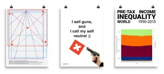 Left: Daniela Pălimariu, Fold This Poster Into Something, 2020, Courtesy Sandwich, Bucharest. Center: Dorian Sari, Post-truth' example no:1, 2020, 70x50cm, Courtesy Öktem Aykut, Istanbul. Right: Pedro Victor Brandão, Untitled #16 (Pre-tax Income Inequality, World, 1990-2015), 2020, 70x50cm, Courtesy Sé, São Paulo