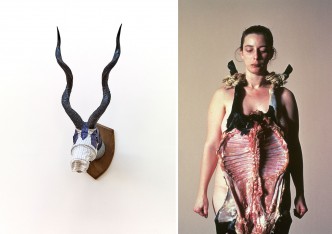 Left: Jimmie Durham, Africa and Antinomianism, 2001, Horn, clothing, PVC, 80 x 39 x 46 cm, Collection Mudam Luxembourg, Musée d’Art Moderne Grand-Duc Jean, Donation 2013 - Blanche et Henri Grethen-Moutrier, © Photo : Rémi Villaggi / Mudam Luxembourg Right: Tania Bruguera, The Burden of Gilt, 1997-1999, Color Photograph, 150 x 98 cm, Collection Mudam Luxembourg, Acquisition 2011, © Photo : Tania Bruguera