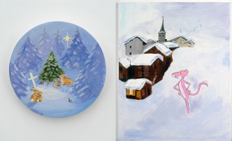 Left: Karen Kilimnik, Christmas service for the forest pets, 2008, Signed, titled, and dated (on verso), Water soluble oil color on canvas, Diameter: 16 in. (40.6 cm), Courtesy of the artist, 303 Gallery, New York and South Etna Montauk Right: Karen Kilimnik, Pink Panther Going For His Morning Walk in Gstaad, 2001, Water soluble oil color on canvas, 20 x 16 in. (50.8 x 40.6 cm), Courtesy of the artist, 303 Gallery, New York and South Etna Montauk