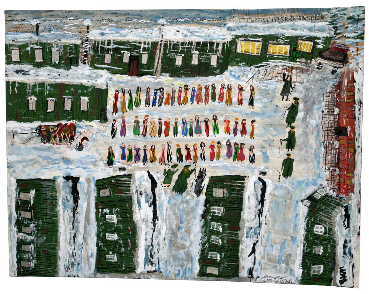Ceija Stojka, Frauenlager Ravensbrück, 1992, Acrylic on cardboard, 50 x 65 cm, © Collection Mahn- und Gedänkstätte Ravensbrück