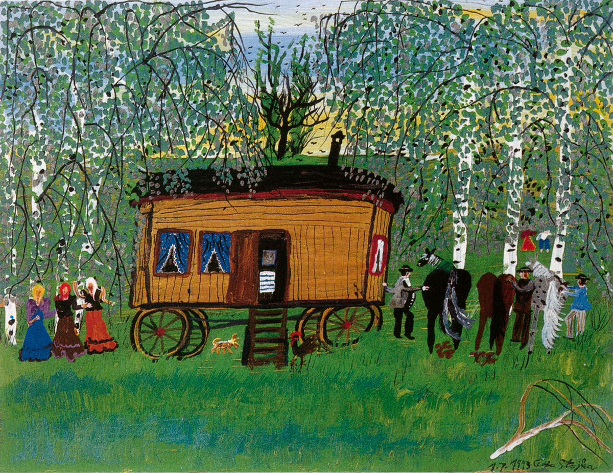 Ceija Stojka, Landleben, 1993, Acrylic on cardboard, 50 x 64,5 cm, © Collection Patricia & Marcus Meier-Wien