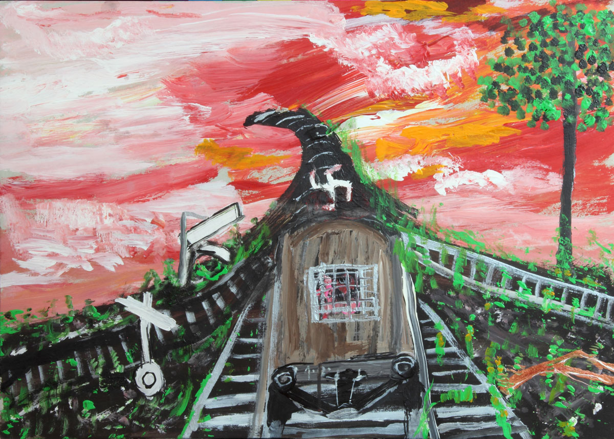 Ceija Stojka, Untitled, undated, Backside: Wien–Auschwitz, Acrylic on cardboard, 50 x 70 cm, Hojda and Nuna Stojka Collection-Wien, Photo © Matthias Reichelt