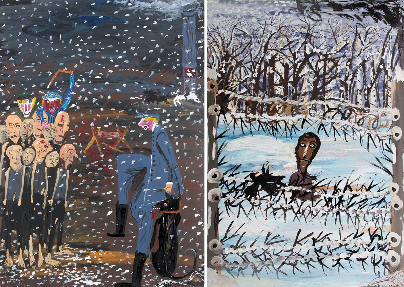 Left: Ceija Stojka, Untitled, 1995, 100 x 70 cm, Acrylic on cardboard, Memorial Museum Ravensbrück/Brandenburg Memorials Foundation Right: Ceija Stojka, I Will Die from Hunger, 1995, Mixed media on cardboard, 100 x 70 cm, Collection Foundation Kai Dihkas-Berlin, Photo: Diego Catellano Cano