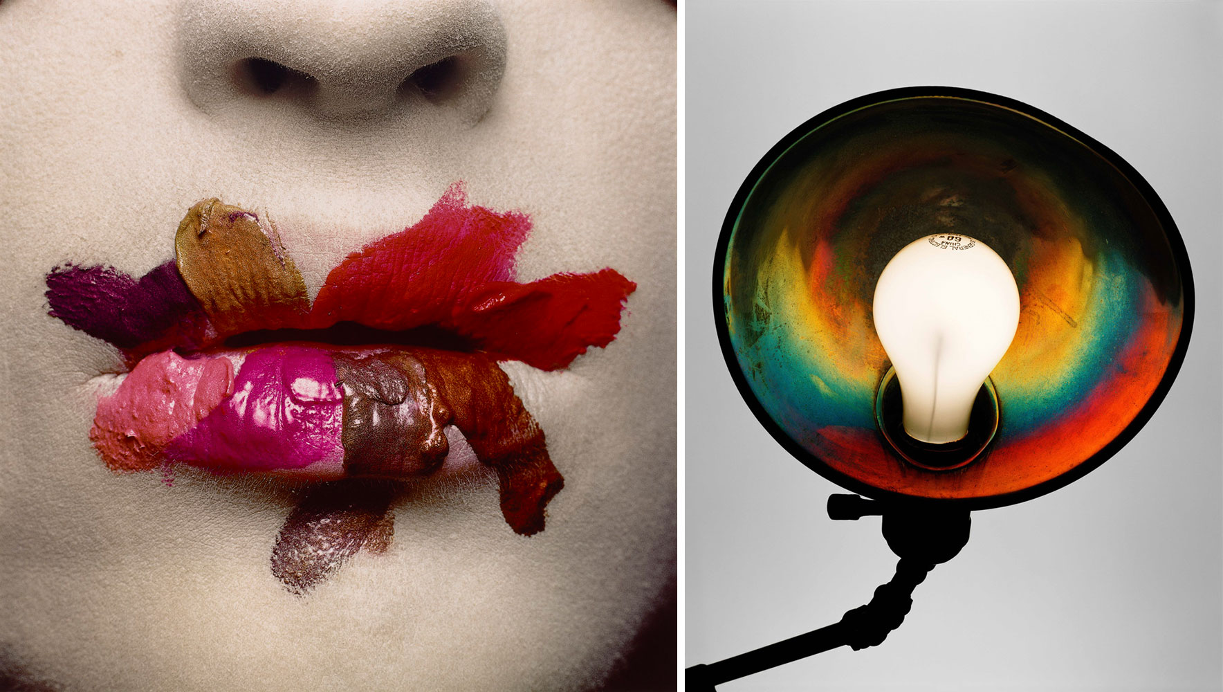 Left: Irving Penn, Mouth (for L'Oreal), New York, 1986, dye transfer print, 18-1/4" × 18-5/8" (46.4 cm × 47.3 cm). image; 22-3/4" × 19-1/2" (57.8 cm × 49.5 cm), paper, Edition of 28), © The Irving Penn Foundation, Courtesy Pace Gallery Right: Irving Penn, Bedside Lamp, New York, 2006, pigment print mounted to board, 28-7/8" × 23" (73.3 cm × 58.4 cm), image; 31-5/8" × 23-7/8" (80.3 cm × 60.6 cm), paper and mount, Edition of 17, © The Irving Penn Foundation, Courtesy Pace Gallery