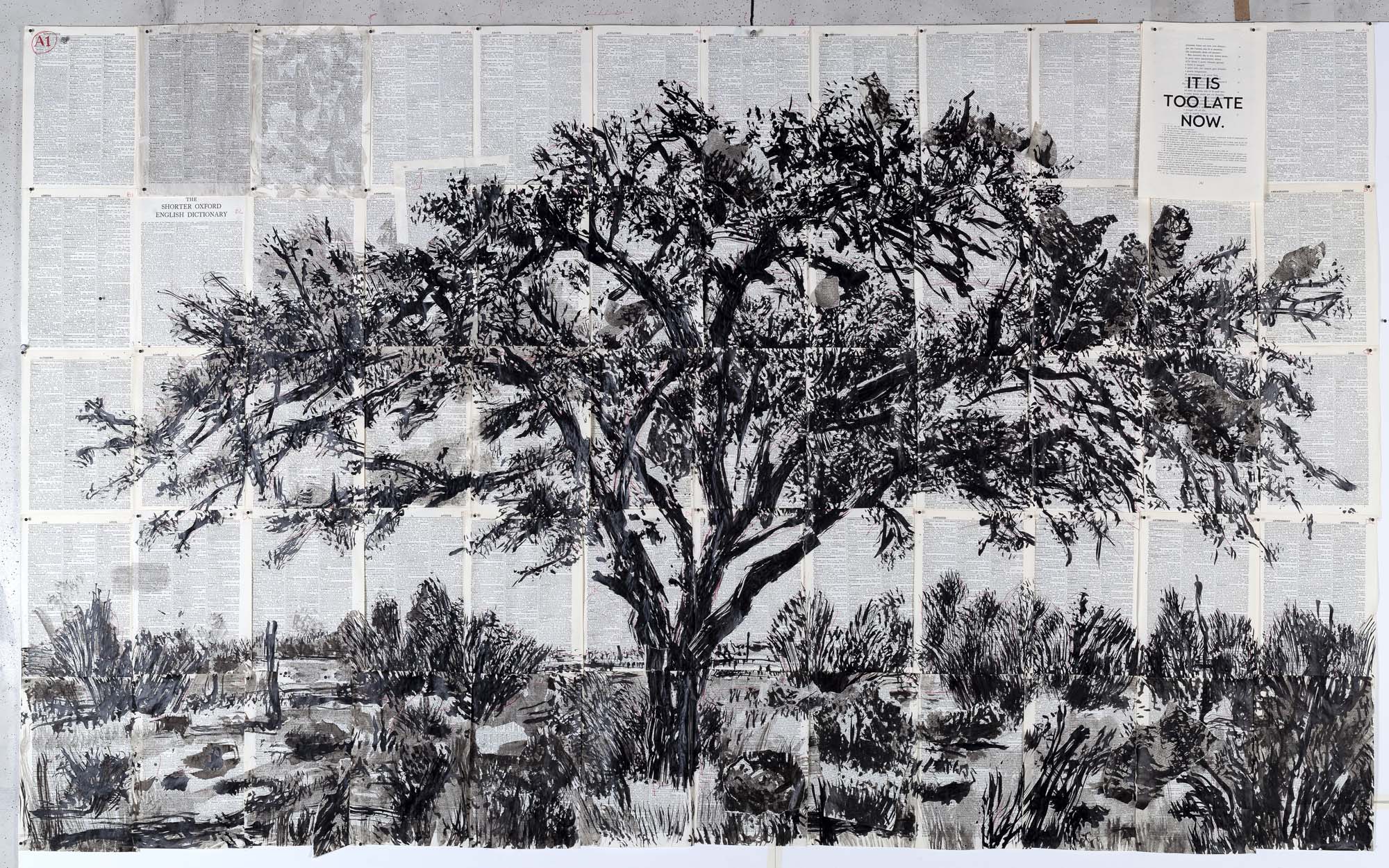 10.William Kentridge, Drawing for Waiting for the Sibyl (It’s too late now), 2019, Indian ink and red pencil on found pages, 126 × 220 cm, 147,5 × 238,5 × 8 cm, Framed, © William Kentridge, Courtesy the artist and Mudam Luxemburg