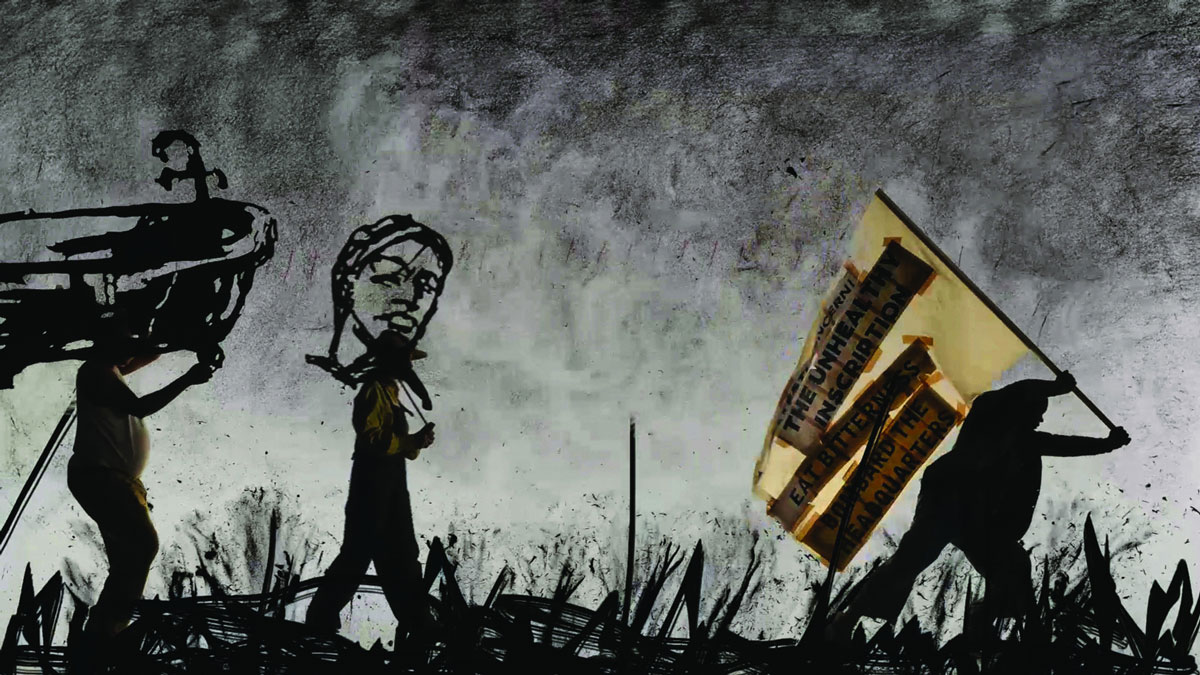 William Kentridgeμ More Sweetly Play The Dance, 2015, 8-channel HD video installation with 4 megaphoneS, sound, 15 min., Edition of 9 + 3 AP, © William Kentridge, Courtesy the artist and Mudam Luxemburg