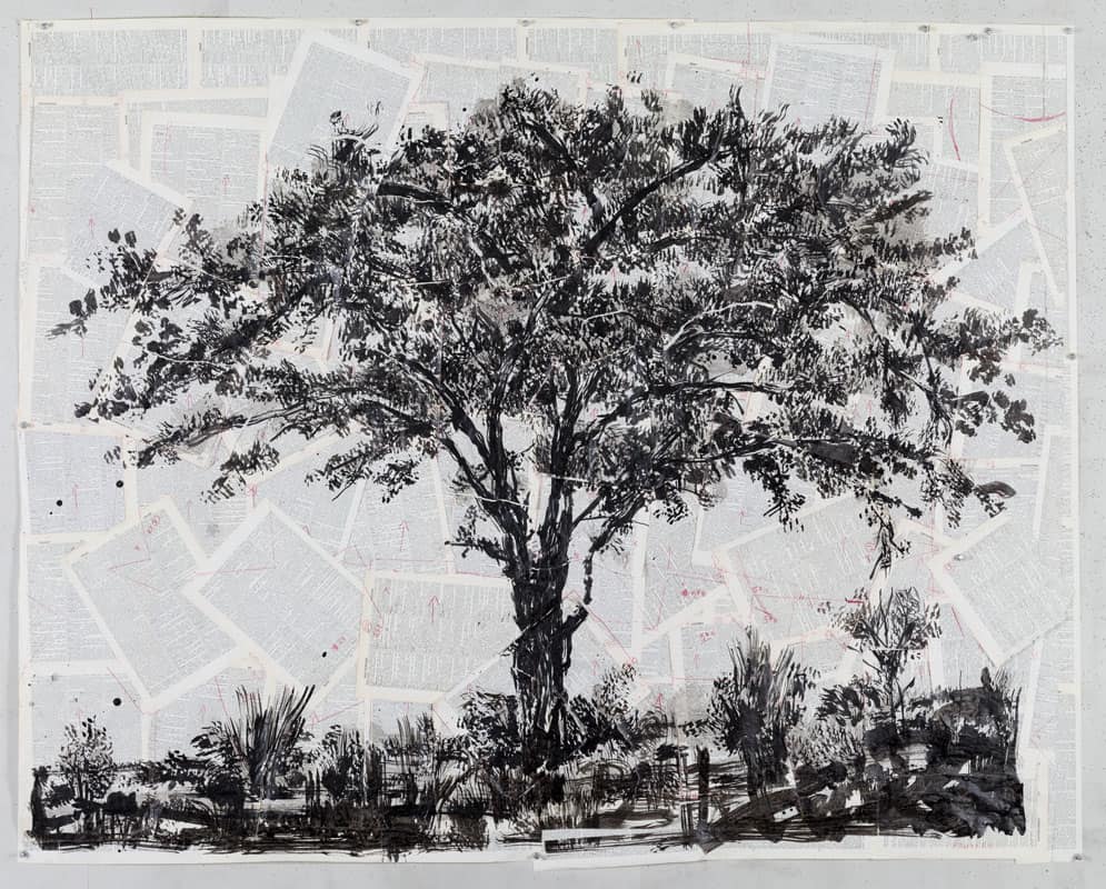 7.William Kentridge, Drawing for Waiting for the Sibyl (Lone Tree), 2019, Indian ink on found pages, 147,5 × 180,5 × 8 cm, © William Kentridge, Courtesy the artist and Mudam Luxemburg
