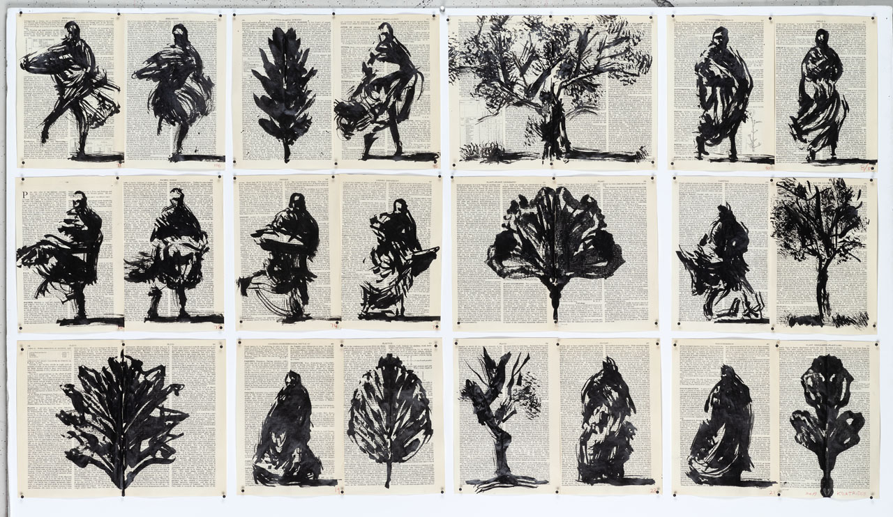 9.William Kentridge, Drawing for Waiting for the Sibyl (Trees and Spinning Figures), 2019, Pastel on pages from Dante Alighieri Chiose alla Commedia, 96 × 170,5 × 5,5 cm, © William Kentridge, Courtesy the artist and Mudam Luxemburg
