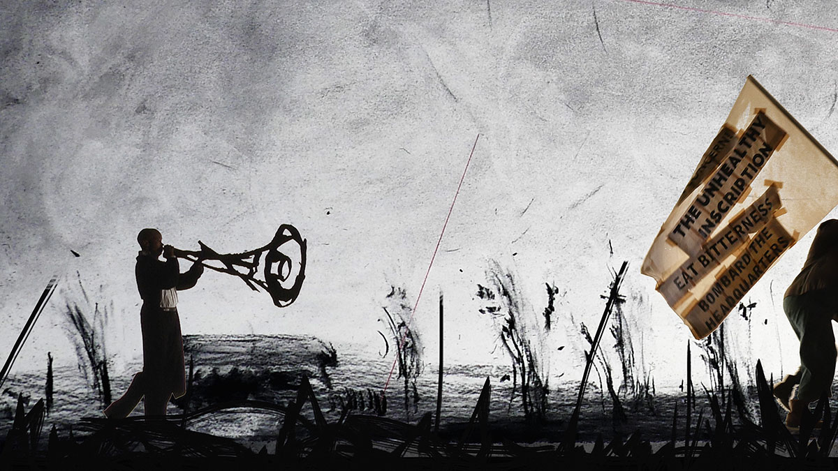 William Kentridgeμ More Sweetly Play The Dance, 2015, 8-channel HD video installation with 4 megaphoneS, sound, 15 min., Edition of 9 + 3 AP, © William Kentridge, Courtesy the artist and Mudam Luxemburg