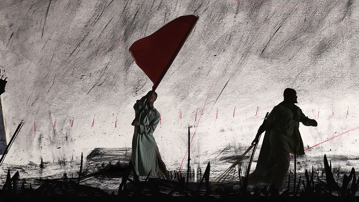 William Kentridgeμ More Sweetly Play The Dance, 2015, 8-channel HD video installation with 4 megaphoneS, sound, 15 min., Edition of 9 + 3 AP, © William Kentridge, Courtesy the artist and Mudam Luxemburg