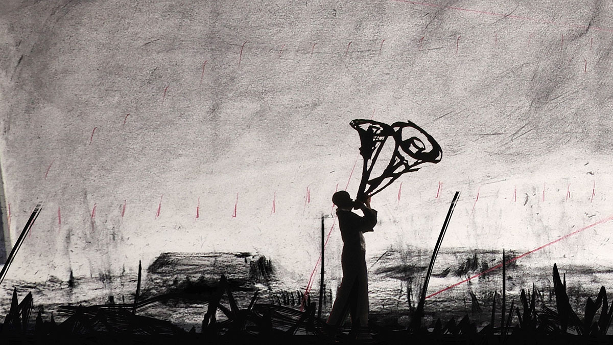 William Kentridgeμ More Sweetly Play The Dance, 2015, 8-channel HD video installation with 4 megaphoneS, sound, 15 min., Edition of 9 + 3 AP, © William Kentridge, Courtesy the artist and Mudam Luxemburg