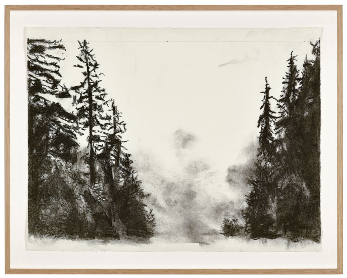 Uwe Wittwer, Nebel (Mist), 2020, Charcoal on paper, 58 x 72.7 cm, framed, © Uwe Wittwer, Courtesy the artist and Galerie Peter Kilchmann