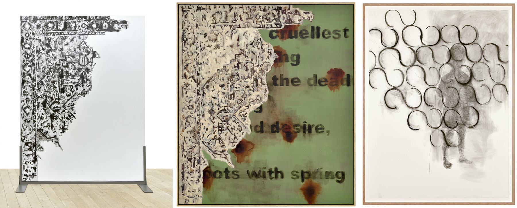 Left: Uwe Wittwer, Im Walde (In the Woods), 2020, glass, painted and burned, painted metal stand, 200 x 150 cm, (recto, painted side), © Uwe Wittwer, Courtesy the artist and Galerie Peter Kilchmann Center: Uwe Wittwer, Wandstück (Wallpiece), 2020, oil on canvas, 82 x 72 cm, framed, © Uwe Wittwer, Courtesy the artist and Galerie Peter Kilchmann Right: Uwe Wittwer, Schatten über Schatten (Shadows over Shadows), 2020, charcoal on paper, 192 x 145 cm, framed, © Uwe Wittwer, Courtesy the artist and Galerie Peter Kilchmann