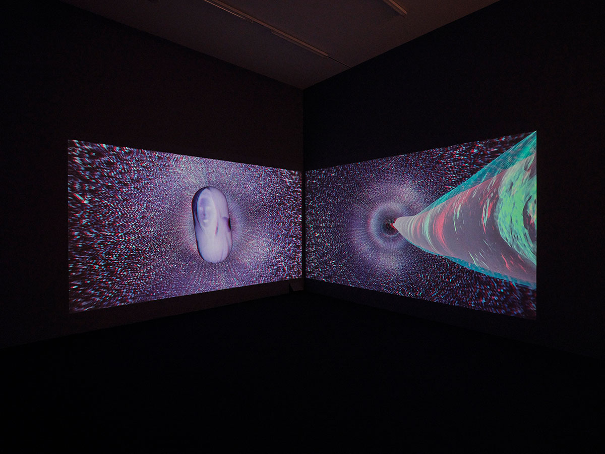 Lea Porsager, CØSMIC STRIKE, 2018 Anaglyph 3-D animation, two-channel, sound, 62 ' Courtesy of the artist and NILS STÆRK, Copenhagen, Installation view Aargauer Kunsthaus-Aarau, 2021, Photo: Conradin Frei-Zurich, Courtesy Aargauer Kunsthaus