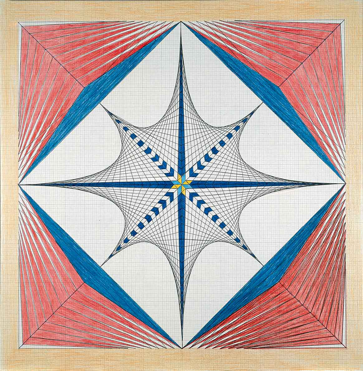 Emma Kunz, Work No. 393, undated, Colored pencil and oil pastel on blue graph paper, 64 x 64 cm (sheet size), © Emma Kunz Foundation