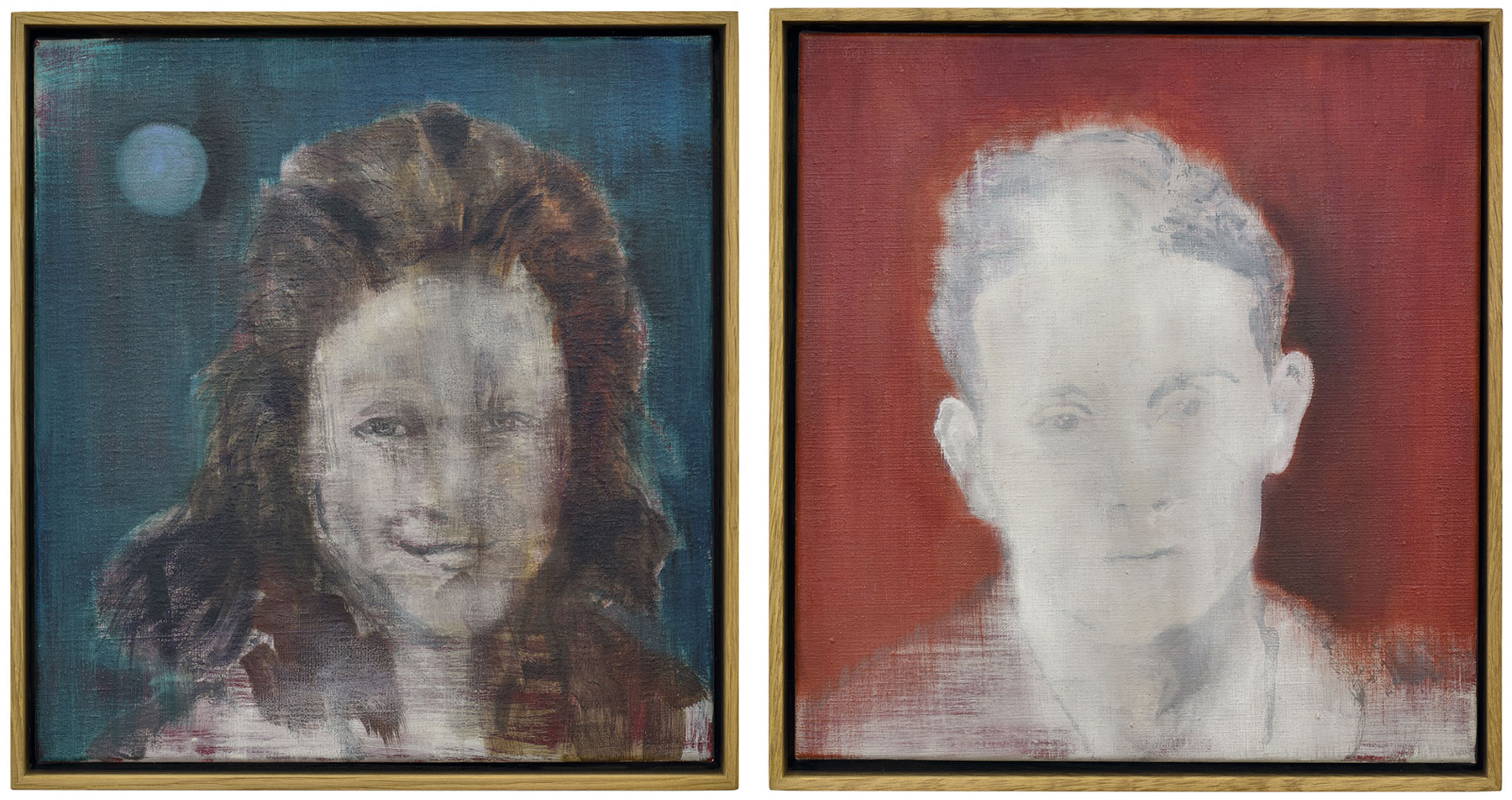 Left & Right: Uwe Wittwer, Porträt (Portrait), 2019, Oil on canvas, 34.5 x 32.5 cm (13 5/8 x 12 3/4 in.), framed , © Uwe Wittwer, Courtesy the artist and Galerie Peter Kilchmann