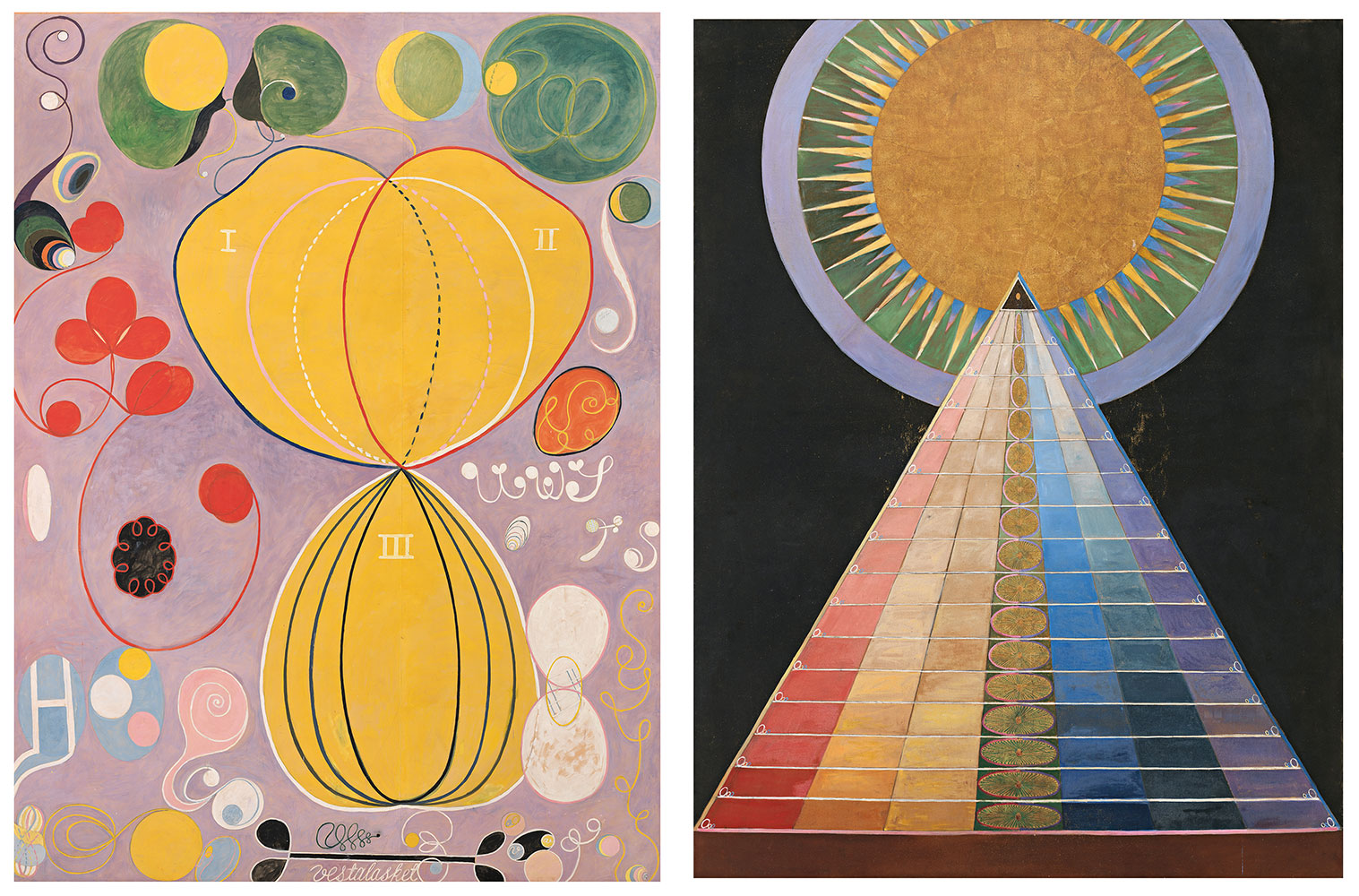 Left: Hilma af Klint, The Ten Largest, No. 7, Adulthood, 1907 © Stiftelsen Hilma af Klints Verk Right: Hilma af Klint, Altarpiece, No. 1, 1915 © Stiftelsen Hilma af Klints Verk